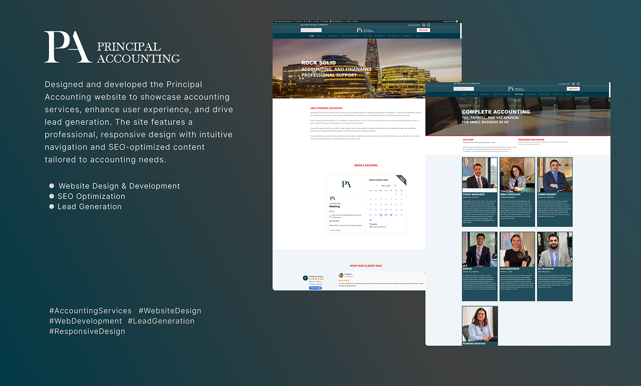 Designed and developed the principal accounting website to showcase accounting services, enhance user experience, and drive lead generation. The site features a professional, responsive design with intuitive navigation and seo-optimized content tailored to accounting needs.